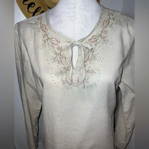 LCW Basics, XL,Linen blend long sleeve, decorative, sequent embroidered yoke w/t